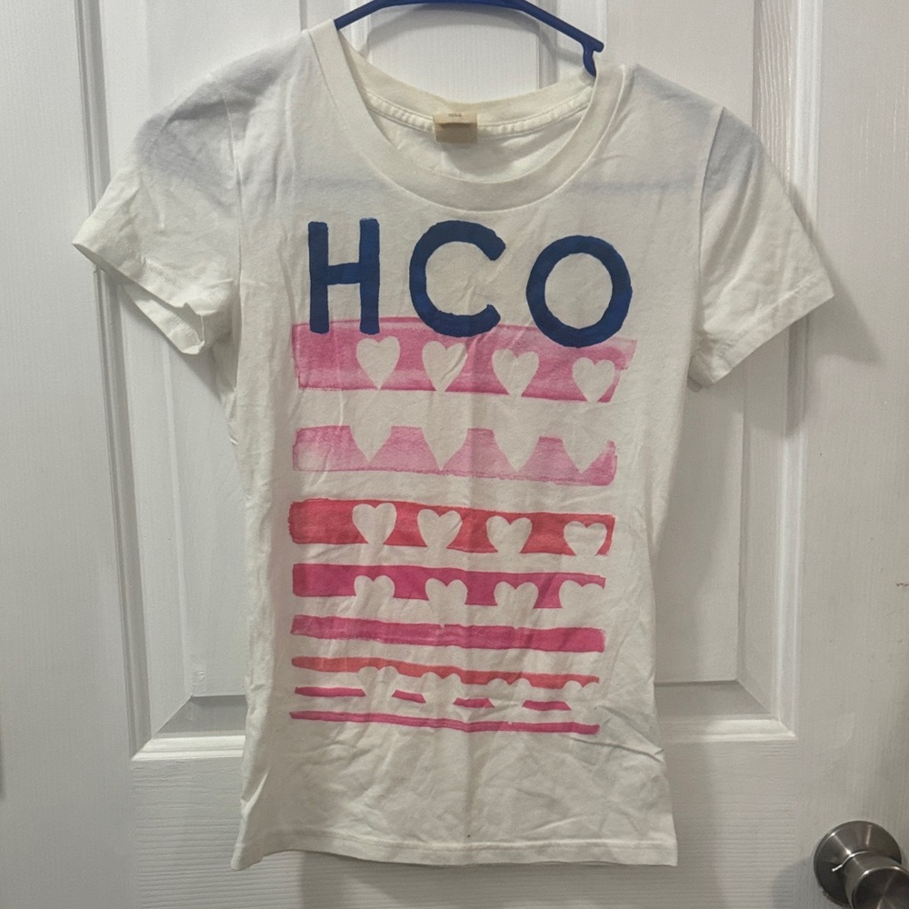 Hollister White Tee with Pink and Blue Heart Stripes